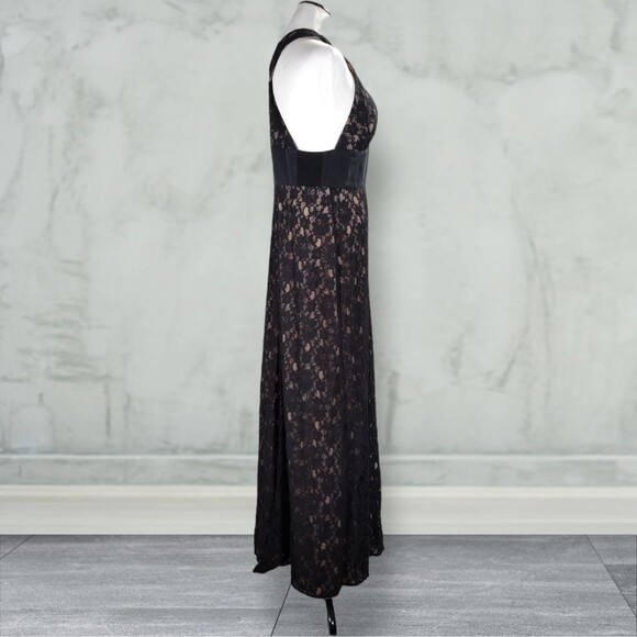 BCBGMaxazria Serafina Lace Overlay Formal Dress Size 12 Black Front Split Plunge - Picture 2 of 16